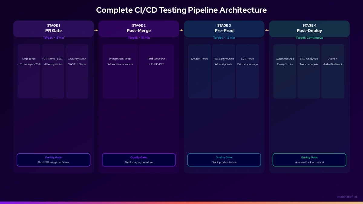 Complete CI/CD Testing Pipeline - 4 stages from PR gate to post-deploy monitoring