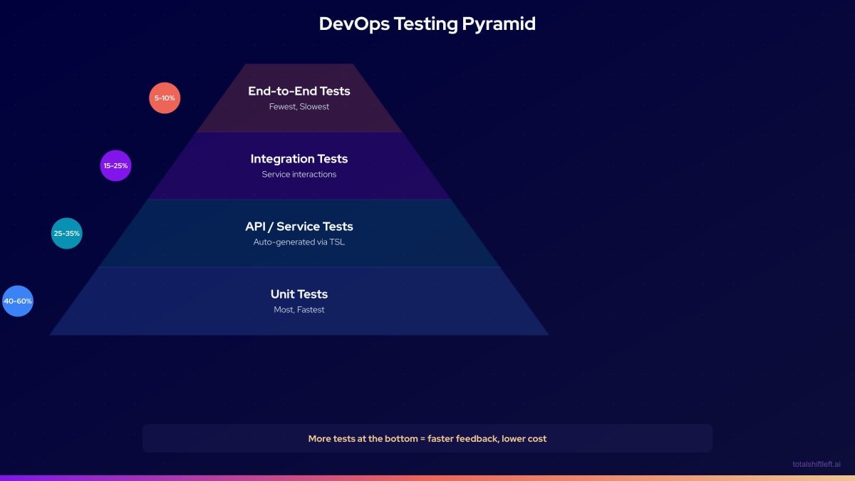 DevOps Testing Pyramid - Unit 40-60%, API 25-35%, Integration 15-25%, E2E 5-10%