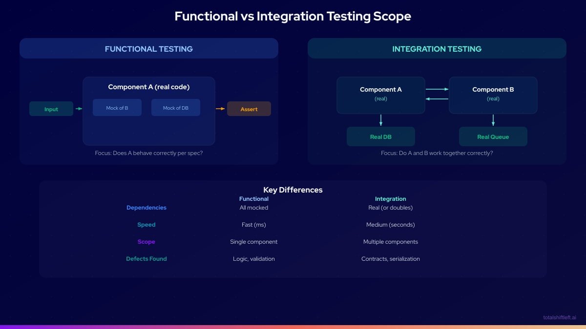 Functional vs Integration Testing - Mocked dependencies vs real component interactions