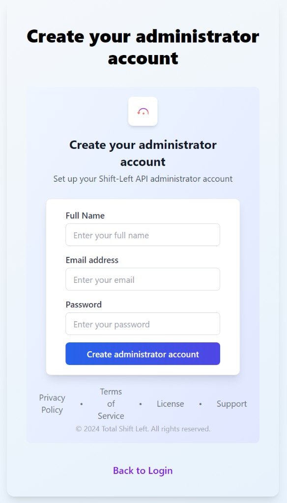 Create your administrator account – Full Name, Email, Password form