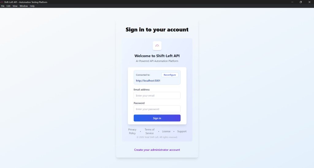 Shift-Left Studio – Sign in screen, Create your administrator account