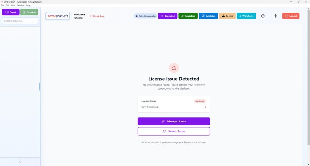 License Issue Detected – Manage License, enter license key