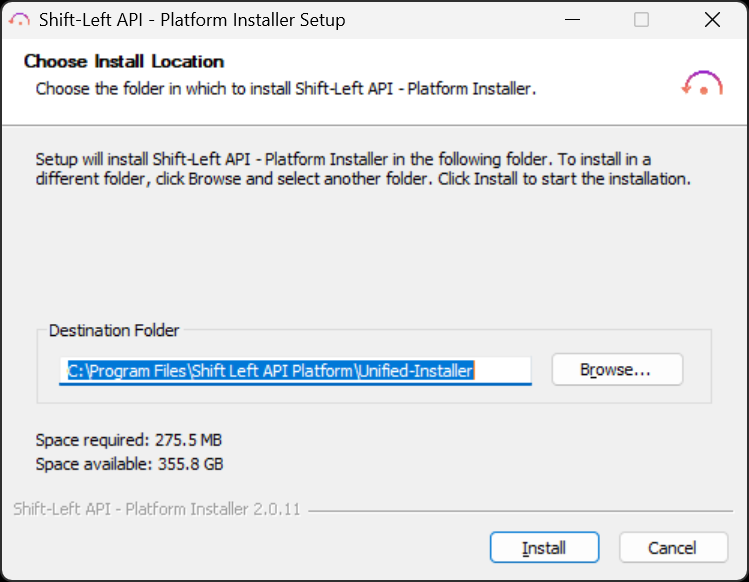 Choose Install Location – default path and Install button