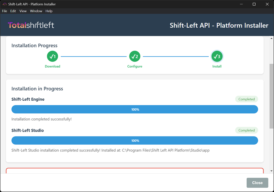Installation completed – Engine and Studio both 100%, Completed badges