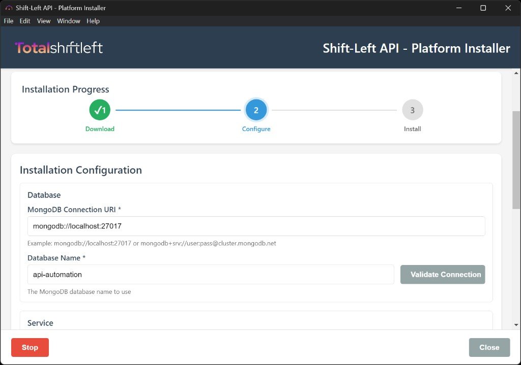 Installation Configuration – Download complete, Configure step, Database and Service sections