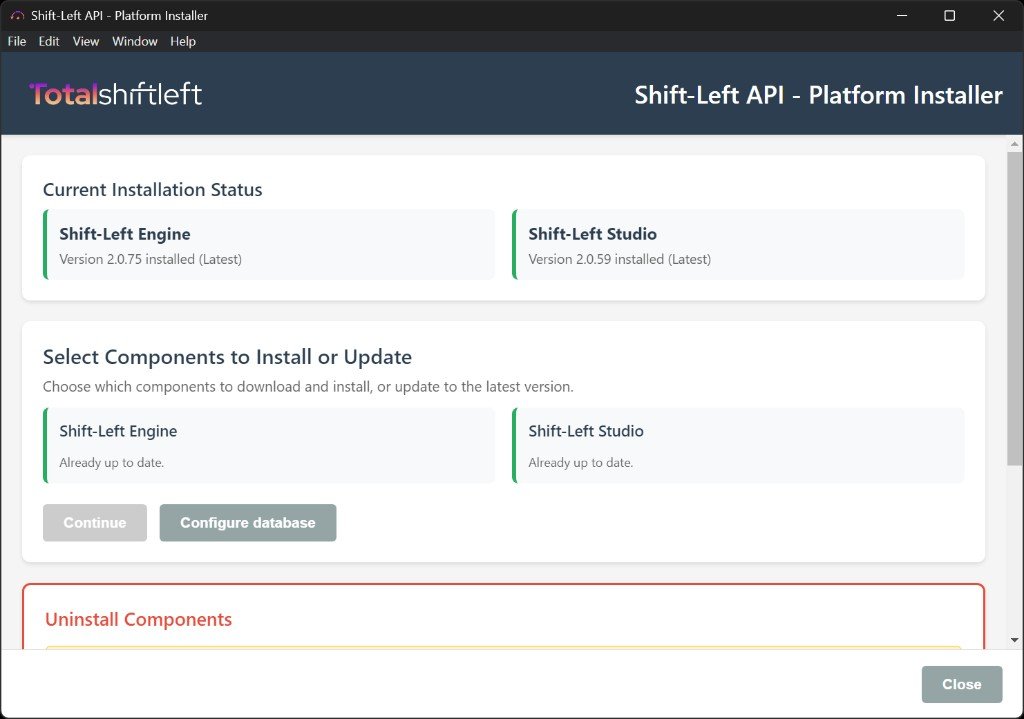 Shift-Left API - Platform Installer – components up to date, Configure database, Uninstall section