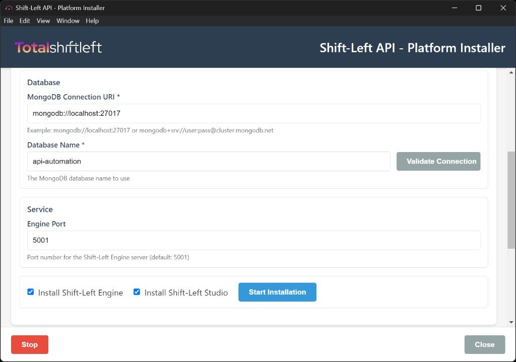 Service section – Engine Port, Install Engine and Studio checkboxes, Start Installation