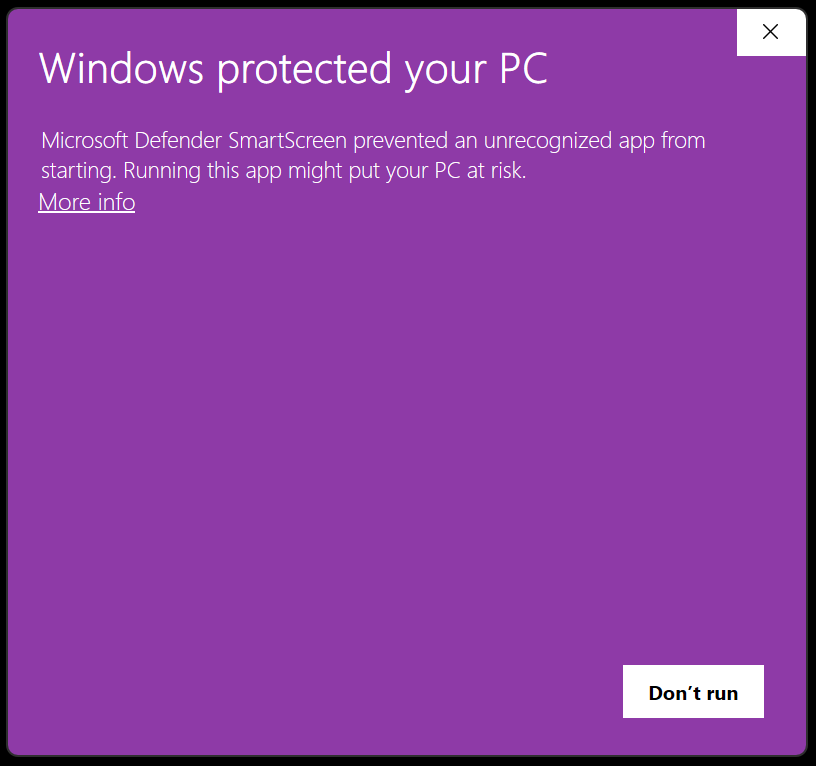 Windows SmartScreen – click More info to reveal Run anyway
