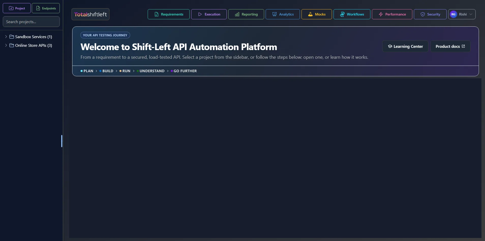 Shift-Left API welcome screen filling in the twelve-step journey from adding requirements to testing performance and security, grouped as Plan, Build, Run, Understand and Go further