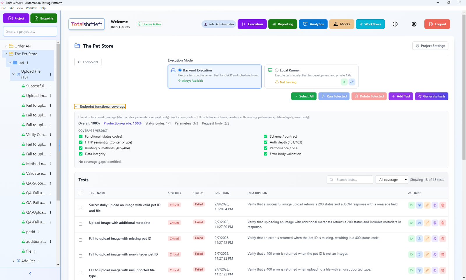 Total Shift Left API test execution screen showing real-time pass/fail results for each endpoint